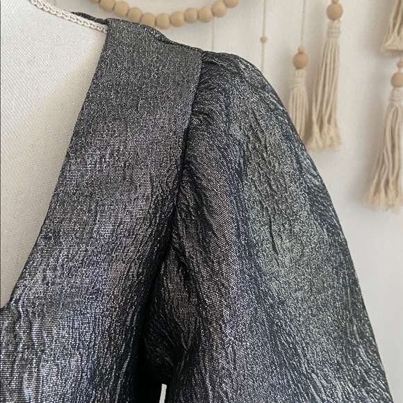 H&M silver metallic tie front top bubble sleeve blouse peplum pewter medium - Picture 6 of 17